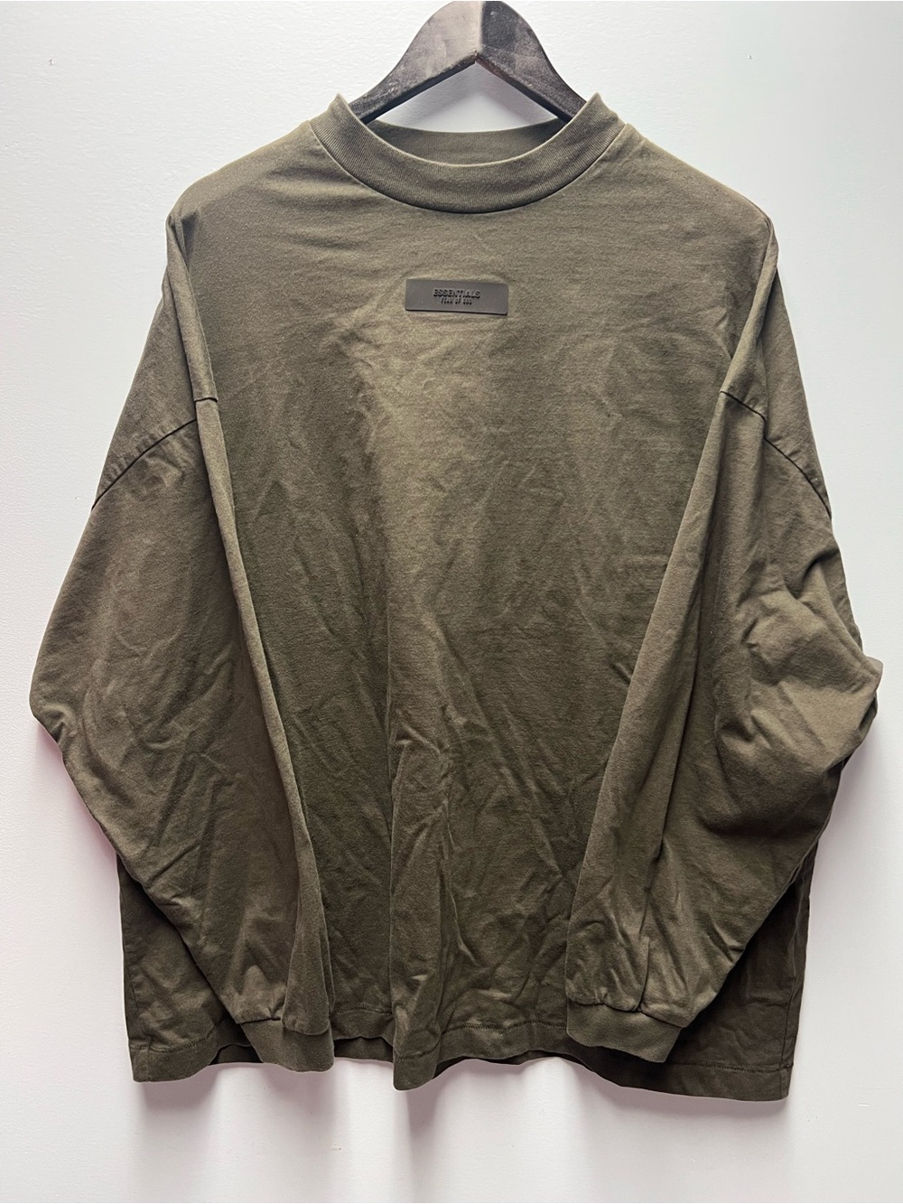 Oversized Olive Green Fear of God ESSENTIALS Long-Sleeve T-shirt